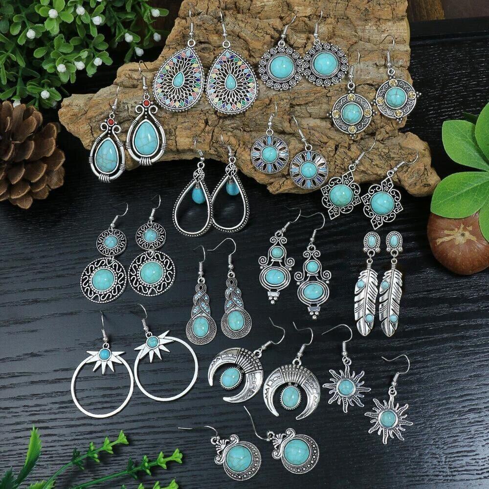 Ethnic Style Alloy Turquoise Drop Earrings Boho Silver Round Retro Moon Oval - Picture 4 of 5
